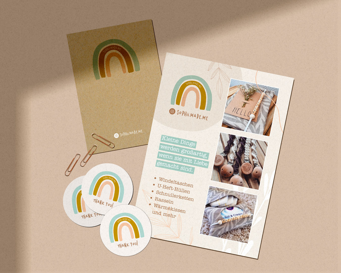 Flyer, Visitenkarten und Aufkleber für Handmade Shop